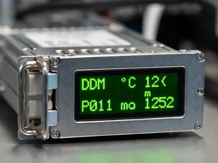 Optical transceiver module showing DDM Digital Diagnostic Monitoring telemetry data for temperature and power levels